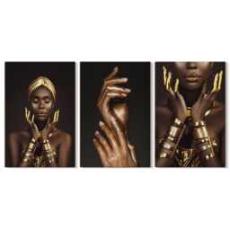 Canvas Art Set Of 3 - Elegant Portraits An African Woman, Brown Large Wall Art, Artwork Decor - thumbnail 3