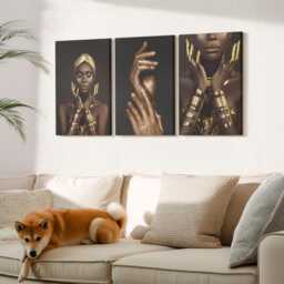 Canvas Art Set Of 3 - Elegant Portraits An African Woman, Brown Large Wall Art, Artwork Decor - thumbnail 2