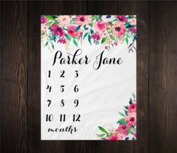 Girl Milestone Blanket Personalized Monthly Growth Tracker Custom Baby Shower Gift For New Mom Watercolor Floral Newborn Nursery - thumbnail 1