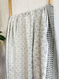 Kantha Stitch Pure Cotton Reversible Bed/Sofa Throw King Size - Handmade Handprinted Floral Dohar White Grey Gingko Garden French Stripe