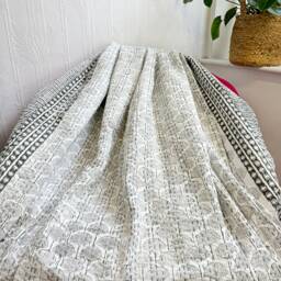 Kantha Stitch Pure Cotton Reversible Bed/Sofa Throw King Size - Handmade Handprinted Floral Dohar White Grey Gingko Garden French Stripe - thumbnail 2