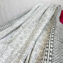 Kantha Stitch Pure Cotton Reversible Bed/Sofa Throw King Size - Handmade Handprinted Floral Dohar White Grey Gingko Garden French Stripe - thumbnail 3