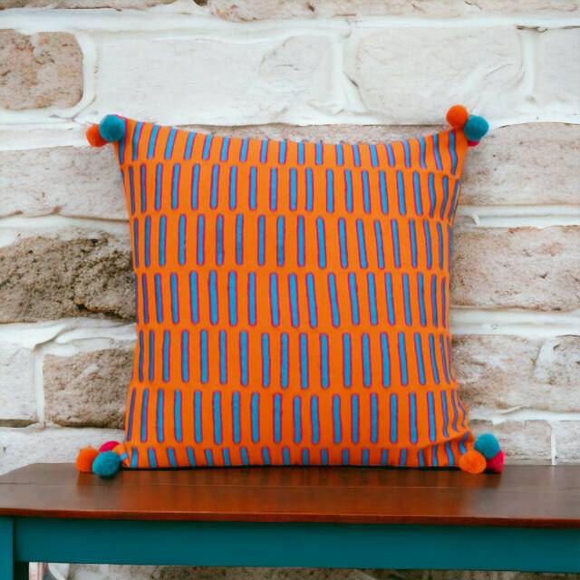 Tangerine Pillow Cover, Embroidered, Mola Style Lines Pillows, Standard Size 16x16 Inches - image 1