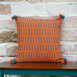 Tangerine Pillow Cover, Embroidered, Mola Style Lines Pillows, Standard Size 16x16 Inches - thumbnail 1