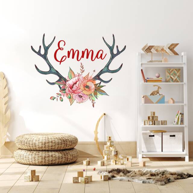 Personalized Baby Girl Namevinyl Wall Decal Nursery/Deer Antler Horns With Flowers Sticker Kids Custom Rustic Style Decor Bedroom S153 - image 1