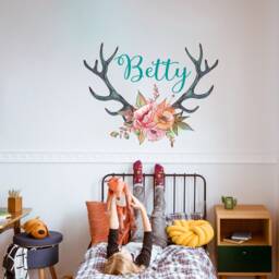 Personalized Baby Girl Namevinyl Wall Decal Nursery/Deer Antler Horns With Flowers Sticker Kids Custom Rustic Style Decor Bedroom S153 - thumbnail 2