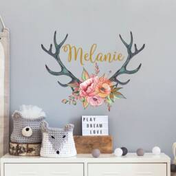 Personalized Baby Girl Namevinyl Wall Decal Nursery/Deer Antler Horns With Flowers Sticker Kids Custom Rustic Style Decor Bedroom S153 - thumbnail 3