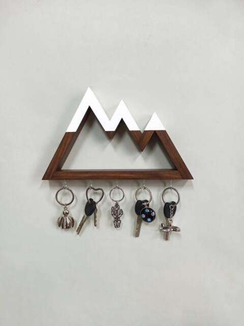 Mountain Wall Key Holder - Rustic Pine Wood Rack With Hooks - image 1