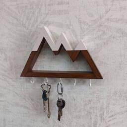 Mountain Wall Key Holder - Rustic Pine Wood Rack With Hooks - thumbnail 2