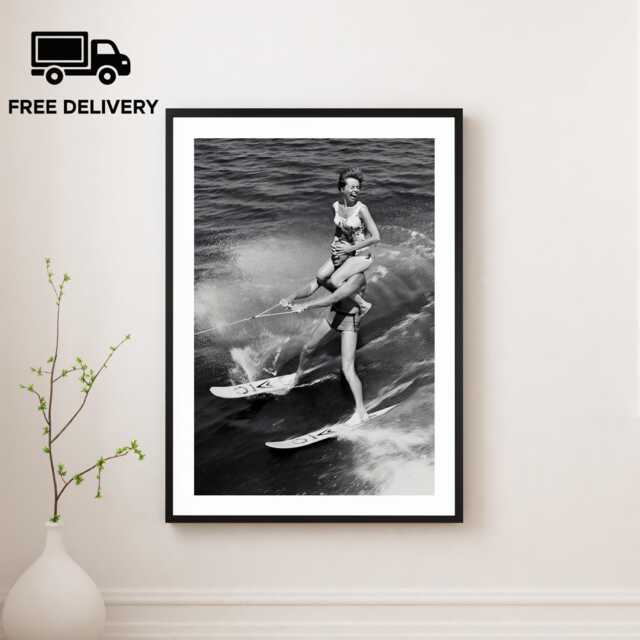 Vintage Woman On Shoulders Water-Skiing Print, Luxury Fashion, Fine Art Photography Wall Art, Museum Quality, Classic Black & White Poster - image 1