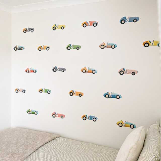 Vintage Racing Car Wall Stickers Removable Fabric Kids Bedroom Decals Classic Race Cars - 21 Piece Set - image 1