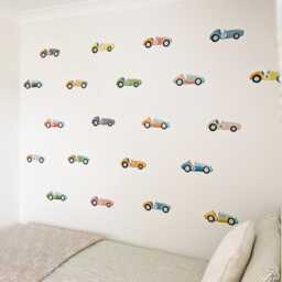 Vintage Racing Car Wall Stickers Removable Fabric Kids Bedroom Decals Classic Race Cars - 21 Piece Set - thumbnail 1