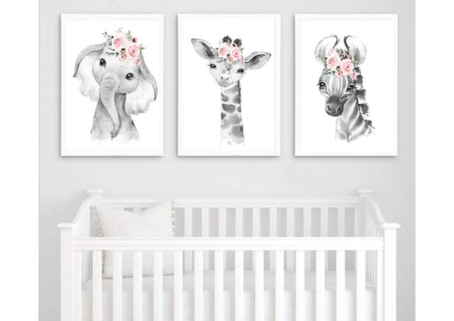 Black & White Safari & Woodland Floral Animals, Nursery Prints, Decor, Girls Nursery, Decor - image 1