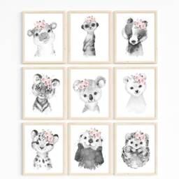 Black & White Safari & Woodland Floral Animals, Nursery Prints, Decor, Girls Nursery, Decor - thumbnail 3