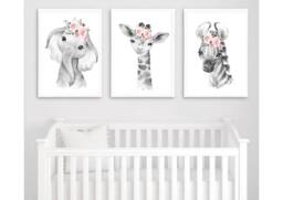 Black & White Safari & Woodland Floral Animals, Nursery Prints, Decor, Girls Nursery, Decor - thumbnail 1