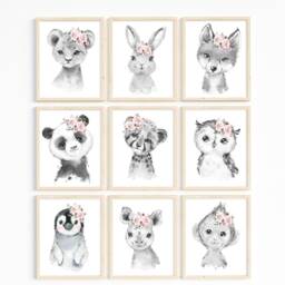Black & White Safari & Woodland Floral Animals, Nursery Prints, Decor, Girls Nursery, Decor - thumbnail 2