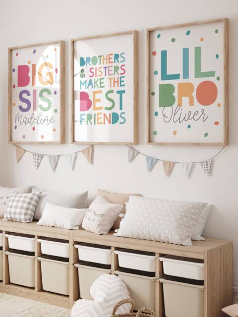 Set Of 3 Brother Sister Prints, Sibling Playroom, Wall Art, Big Sis, Lil Bro, Rainbow Bedroom Decor, Shared - image 1
