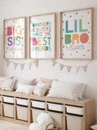 Set Of 3 Brother Sister Prints, Sibling Playroom, Wall Art, Big Sis, Lil Bro, Rainbow Bedroom Decor, Shared - thumbnail 1