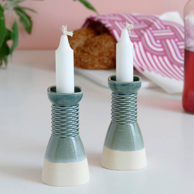Pair Of Candlesticks - Square Shape Weaving Pattern 3D Printed Clay Beige & Emerald - image 1