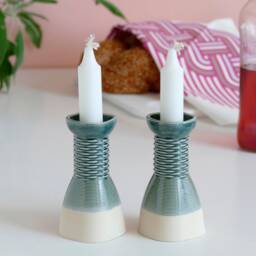 Pair Of Candlesticks - Square Shape Weaving Pattern 3D Printed Clay Beige & Emerald - thumbnail 2