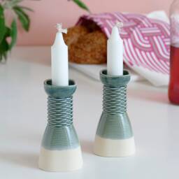 Pair Of Candlesticks - Square Shape Weaving Pattern 3D Printed Clay Beige & Emerald