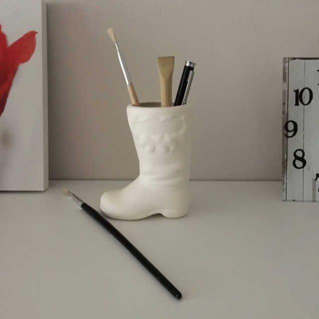 Ready To Ship, Ceramic Pencil Holder, Pen Storage, Christmas Boot, Decor, Office Desk Bisque, Christmas, Santa Boot - image 1