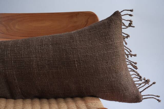 Handwoven Hemp Lumbar Pillow Cover Dark Brown Fringes, Boho Farmhouse Decor - image 1