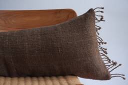 Handwoven Hemp Lumbar Pillow Cover Dark Brown Fringes, Boho Farmhouse Decor - thumbnail 1