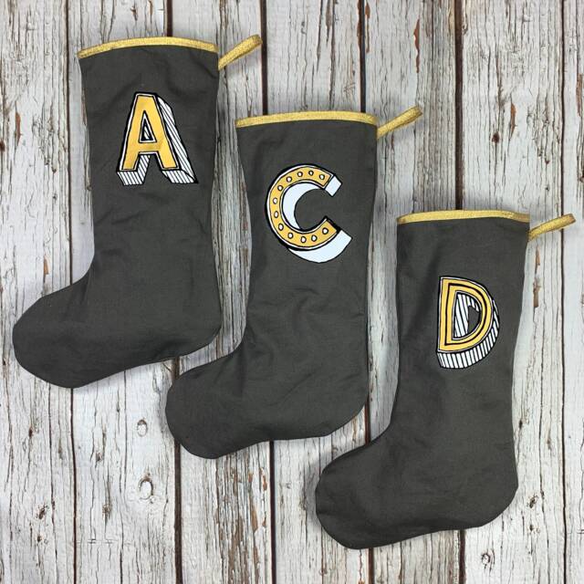 Personalised Christmas Stocking - Monogram Holiday Decoration, Custom Initial Xmas. Alphabet Present in Grey, Gold. Handmade U.K - image 1