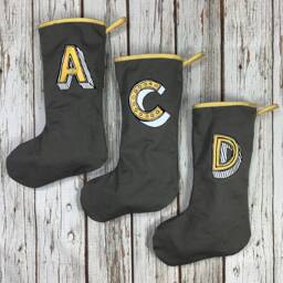 Personalised Christmas Stocking - Monogram Holiday Decoration, Custom Initial Xmas. Alphabet Present in Grey, Gold. Handmade U.K - thumbnail 1