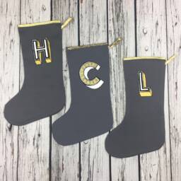 Personalised Christmas Stocking - Monogram Holiday Decoration, Custom Initial Xmas. Alphabet Present in Grey, Gold. Handmade U.K - thumbnail 3