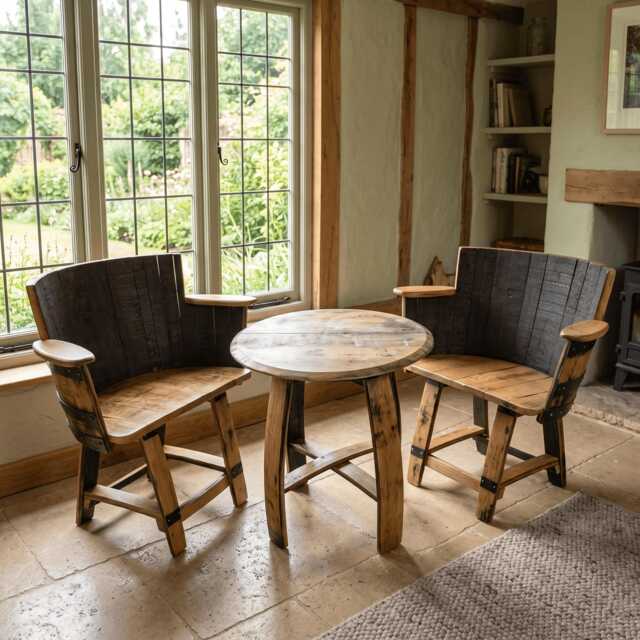Oak Whiskey Barrel Armchair Duo Coffee Table - Rustic Lounge & Man Cave Set - image 1