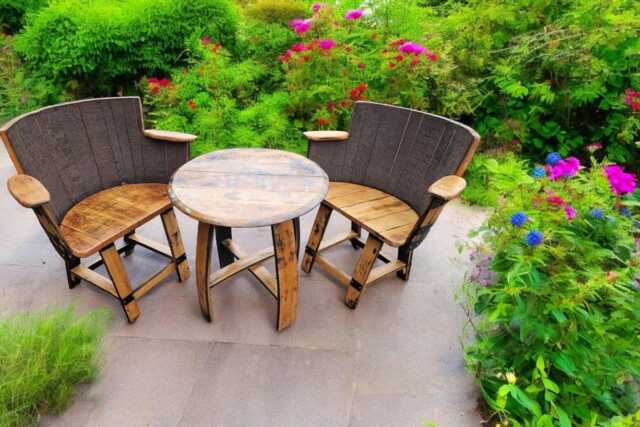 Oak Whiskey Barrel Armchair Duo Coffee Table - Rustic Lounge & Man Cave Set - image 1
