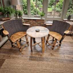 Oak Whiskey Barrel Armchair Duo Coffee Table - Rustic Lounge & Man Cave Set - thumbnail 2