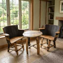 Oak Whiskey Barrel Armchair Duo Coffee Table - Rustic Lounge & Man Cave Set - thumbnail 1