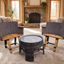 Oak Whiskey Barrel Armchair Duo Coffee Table - Rustic Lounge & Man Cave Set - thumbnail 3