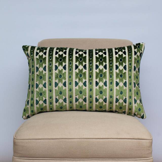 Kasmere Geometric Cut Velvet Xl Rectangular Cushion. Emerald Green & Natural Beige Triangular Pattern. 23X15 - image 1