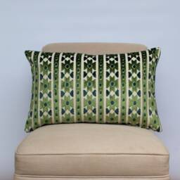 Kasmere Geometric Cut Velvet Xl Rectangular Cushion. Emerald Green & Natural Beige Triangular Pattern. 23X15 - thumbnail 1