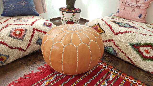 Stuffed Moroccan Leather Pouf, Pouf Ottoman, Handmade Floor Poof, Footstool, Ottoman Table, & Stools - image 1