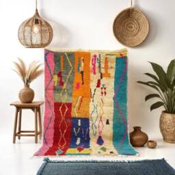 Handmade Boujad Rug Authentic Moroccan Wool Carpet, Abstract Multicolored Design - thumbnail 1