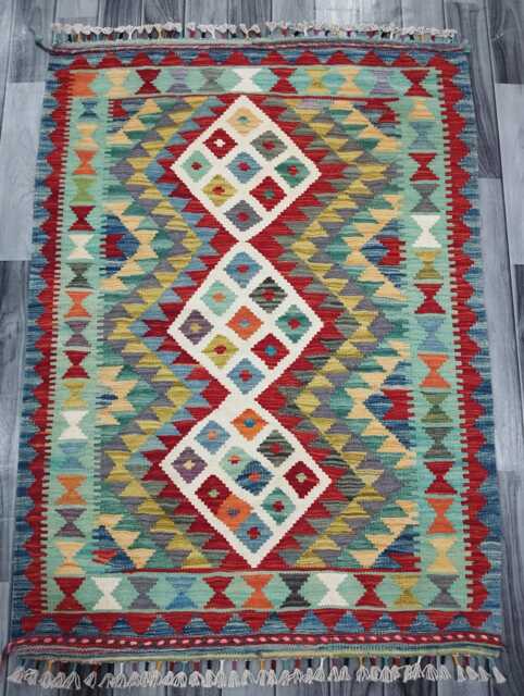 Kilim Rug Classic, Handmade Artisan Afghan Turkish Scandinavian Navajo Bohemian Wool Flatweave Multicolour 129x93 cm - image 1