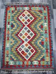 Kilim Rug Classic, Handmade Artisan Afghan Turkish Scandinavian Navajo Bohemian Wool Flatweave Multicolour 129x93 cm - thumbnail 1