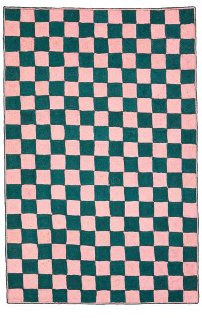 Pink & Green Checkered Jute Rug, Handmade Runner - image 1