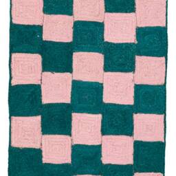 Pink & Green Checkered Jute Rug, Handmade Runner - thumbnail 2