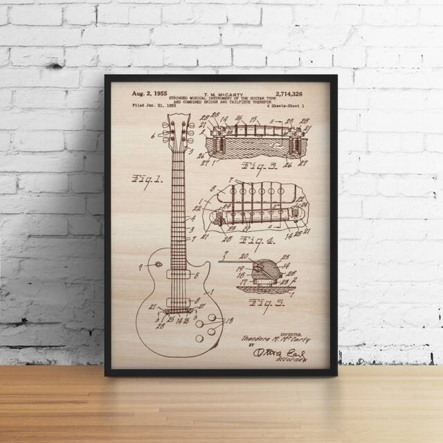 Gibson Guitar Patent/Woodcut Wood Engraved Table Custom Decoration - image 1