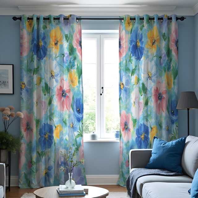 Blue & Yellow Floral Curtains, Watercolor Flower Print Drapes, Custom Made To Measure Window Panels, Colorful Spring Curtains - image 1