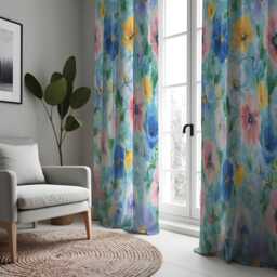 Blue & Yellow Floral Curtains, Watercolor Flower Print Drapes, Custom Made To Measure Window Panels, Colorful Spring Curtains - thumbnail 2