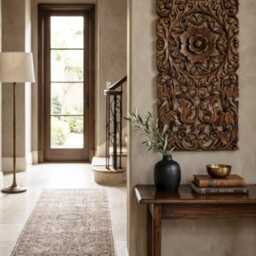 Hand Carved Teak Wood Wall Panel 90cm, Solid Floral Sculpture Hanging, Boho Rustic Decor 14 X 36 In, Housewarming Gift White Wash - thumbnail 4