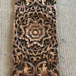 Hand Carved Teak Wood Wall Panel 90cm, Solid Floral Sculpture Hanging, Boho Rustic Decor 14 X 36 In, Housewarming Gift White Wash - thumbnail 3