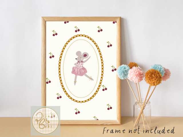Vintage Style Ballerina Mouse With A Cherry Print Background. Perfect For Girls Bedroom, Nursery Or Playroom - Print Only - image 1